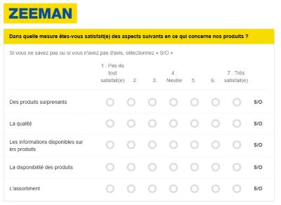 Questions pour donner son avis sur Zeeman